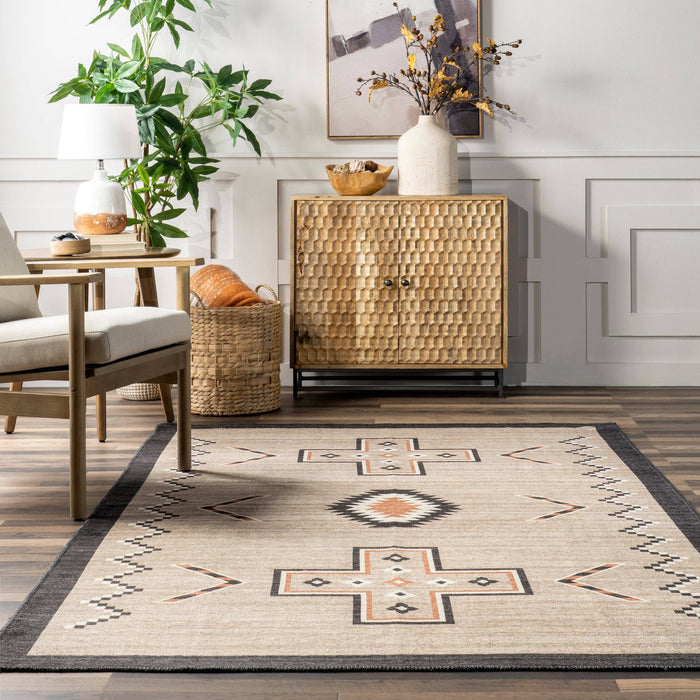 Colbie Tribal Machine Washable Area Rug: Ivory / Rectangle / 5' x 8'