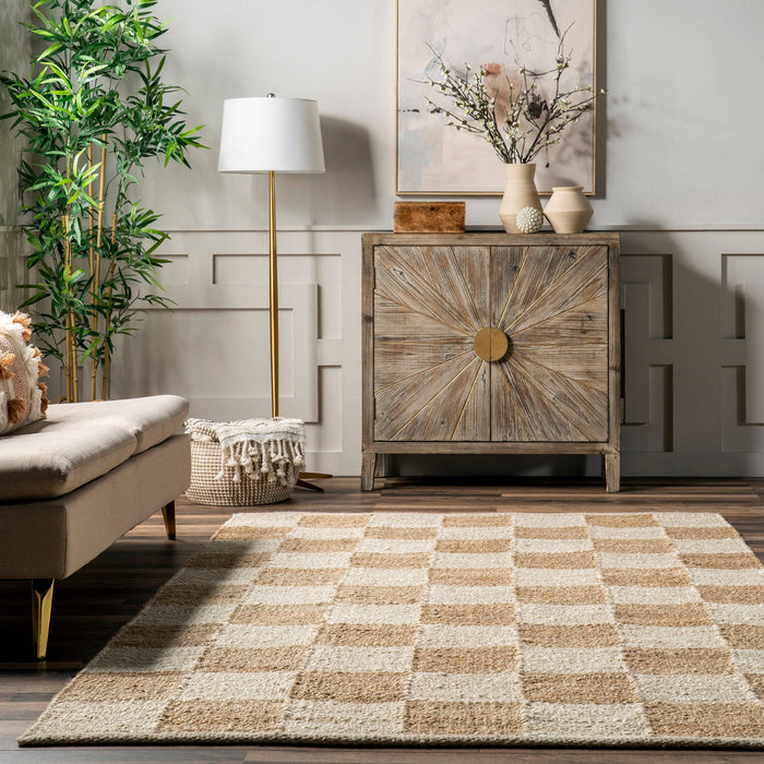 Christana Traditional Checkered Jute Area Rug: Ivory / Rectangle / 6' x 9'