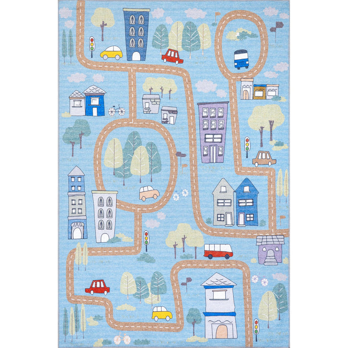 Chalea Kids Town Machine Washable Area Rug: Blue / Rectangle / 5' x 8'