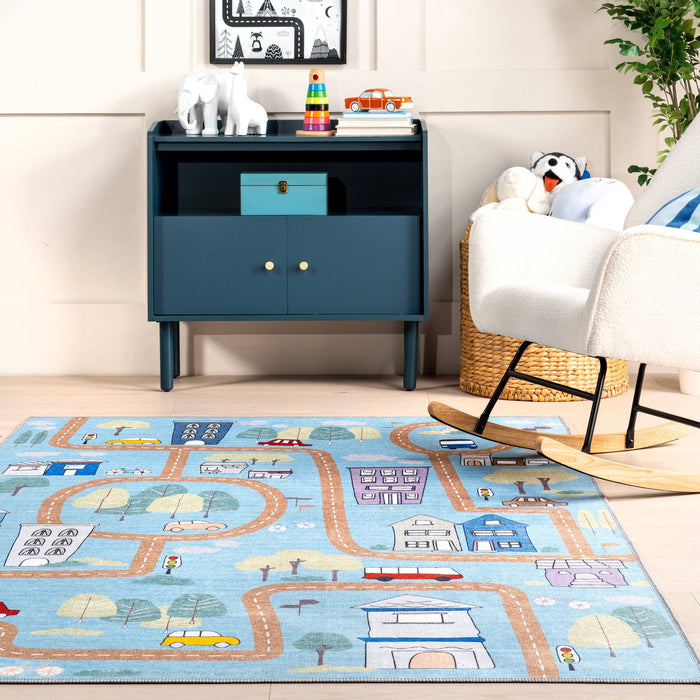 Chalea Kids Town Machine Washable Area Rug: Blue / Rectangle / 5' x 8'
