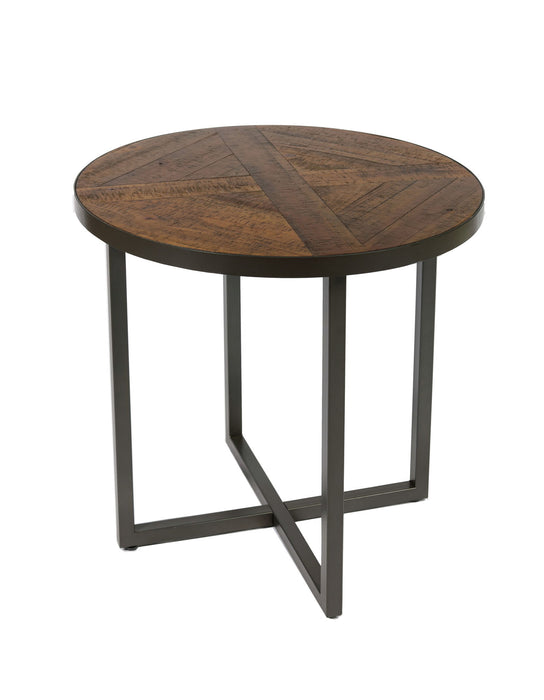 Denton - Round End Table With Round, Pieced Top And Metal Base - Antique Pine And Steel Gray