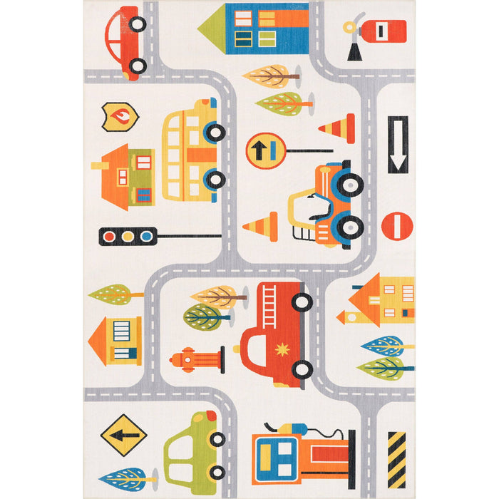 Carmina City Streets Machine Washable Kids Area Rug: White Multi / Rectangle / 3' x 5'