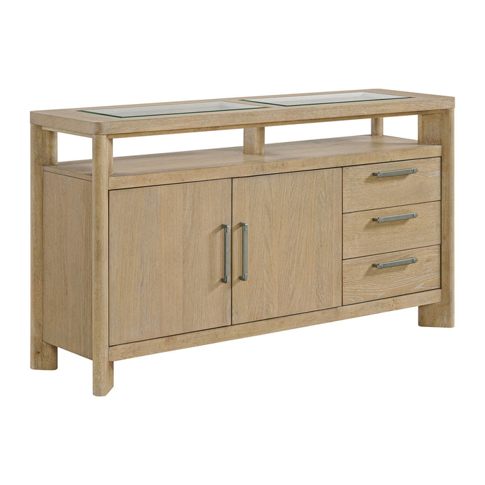 Pacific Grove - Dining Server With Beveled Glass Top, Stemware Rack, Bottle Storage, Open Shelf, And 3 Drawers - Sand Dune