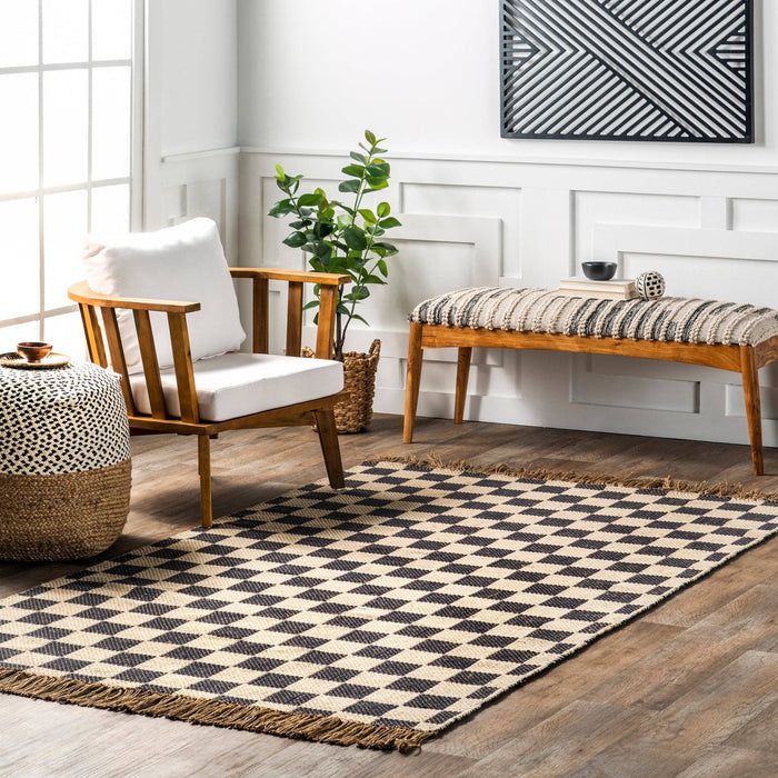 Connie Checkered Wool/Jute Tasseled Area Rug: Gray / Rectangle / 6' x 9'