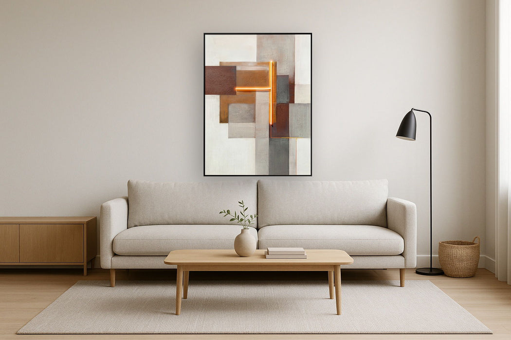 Luminous Grid II Hand-Embellished LED Canvas In Frame - Brown / Orange