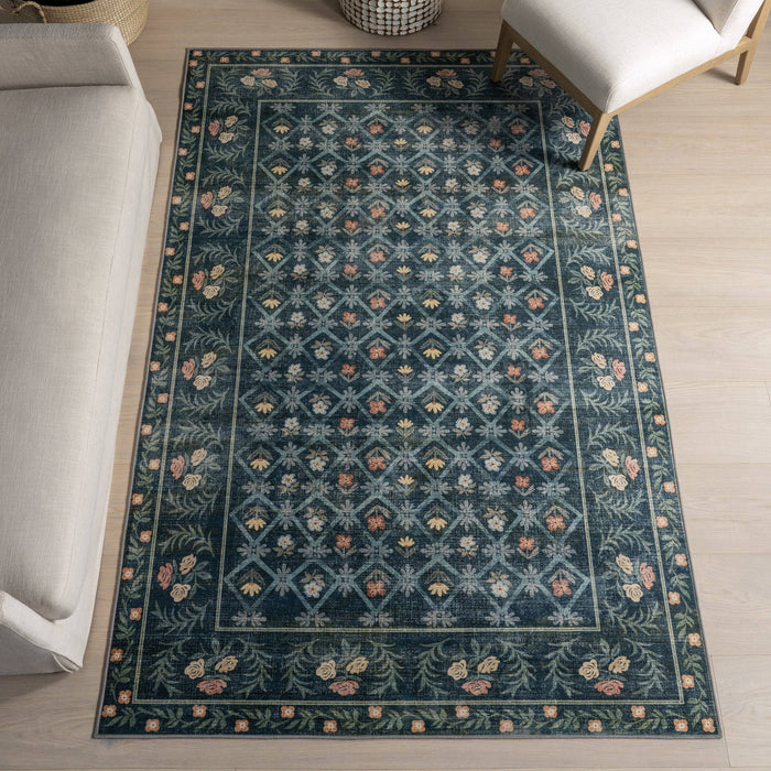 NuLOOM Valley Floral Washable Area Rug: Teal / Rectangle / 5' x 8'