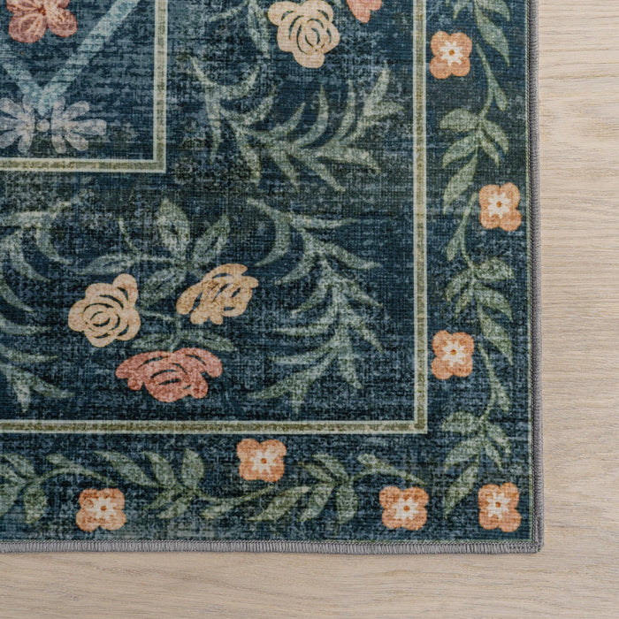 NuLOOM Valley Floral Washable Area Rug: Teal / Rectangle / 5' x 8'