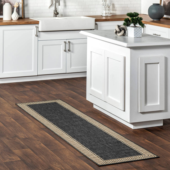 Asha Simple Border Indoor/Outdoor Area Rug: Dark Grey / Runner / 2' x 8'
