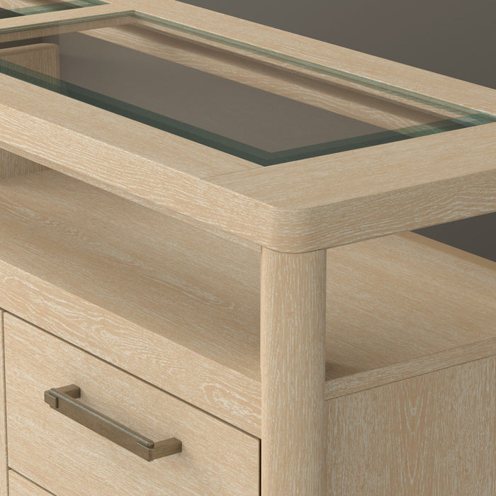 Pacific Grove - Dining Server With Beveled Glass Top, Stemware Rack, Bottle Storage, Open Shelf, And 3 Drawers - Sand Dune