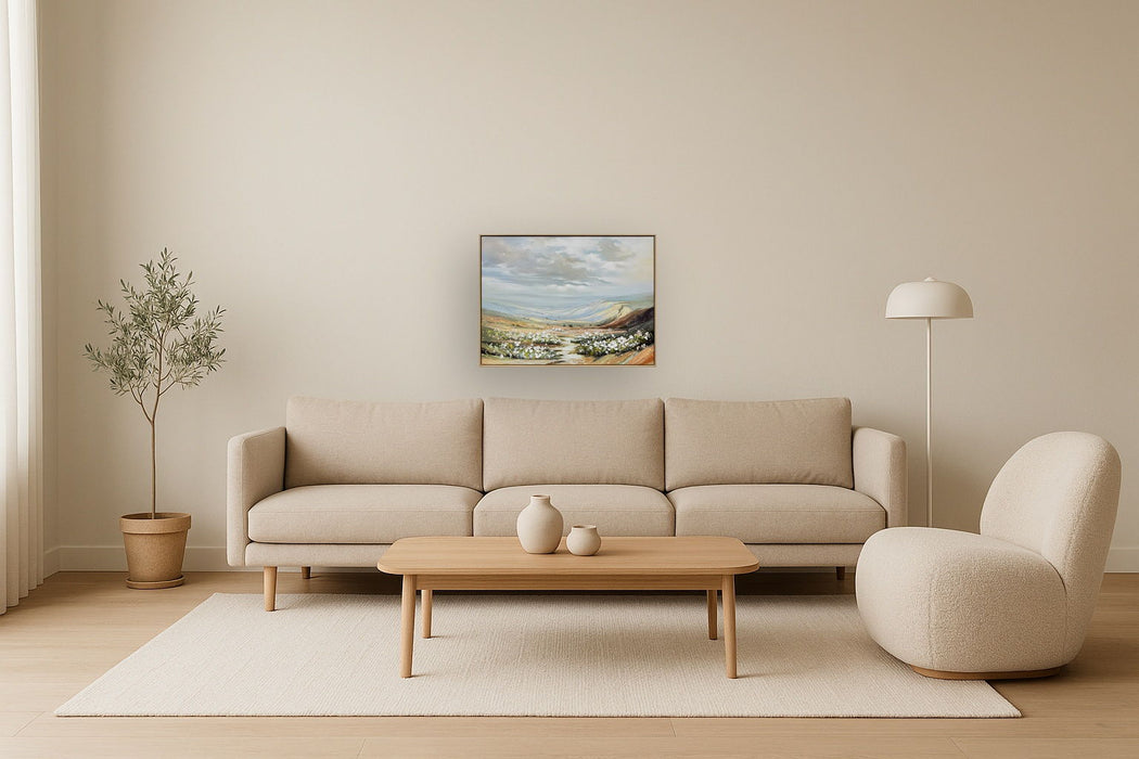Wildflower Valley Hand-Embellished Canvas In Frame - Light Natural Wood / Blue-Gray