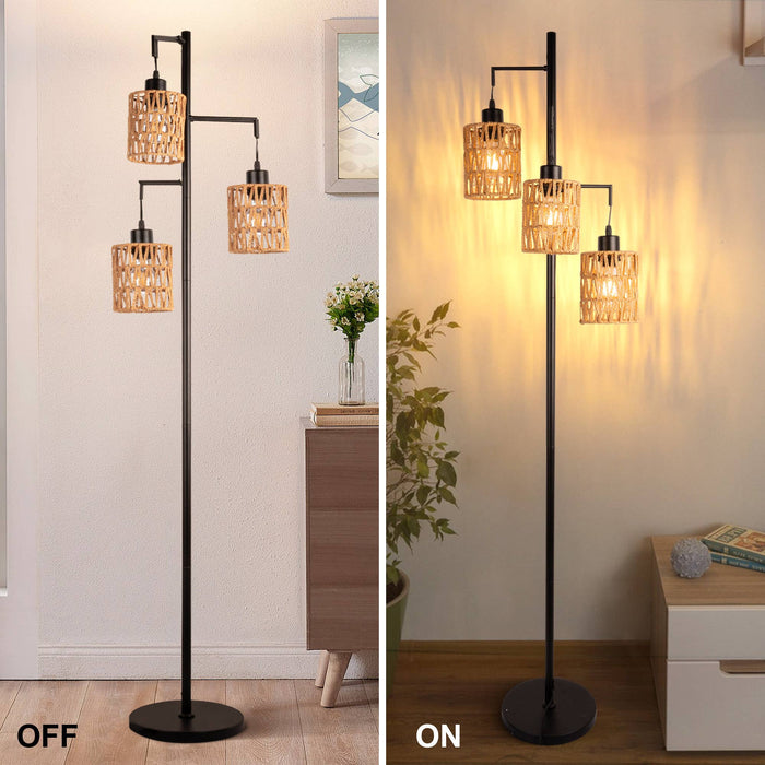 Bohemian Rattan Floor Lamp with 3 Lights: Bowl