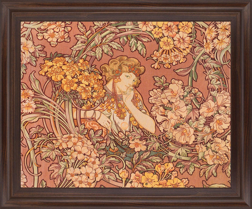 Whimsical Blossom Muse - 28" x 34" Framed Wall Art - Light Brown