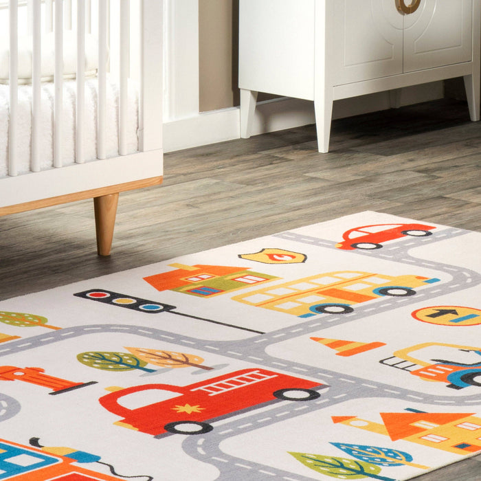Carmina City Streets Machine Washable Kids Area Rug: White Multi / Rectangle / 3' x 5'