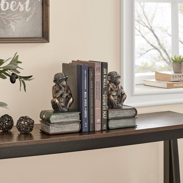 Monkeys on Books Polyresin Antique Finish Bookend Set of 2