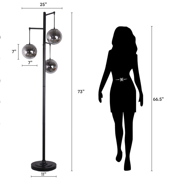 "Globe Cascade" Metal Floor Lamp With Glass Globes - Polished Chrome / Smoked Glass