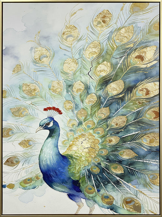 Peacock Promenade - 30 X 39 - Hand-Embellished Canvas In Frame - Blue