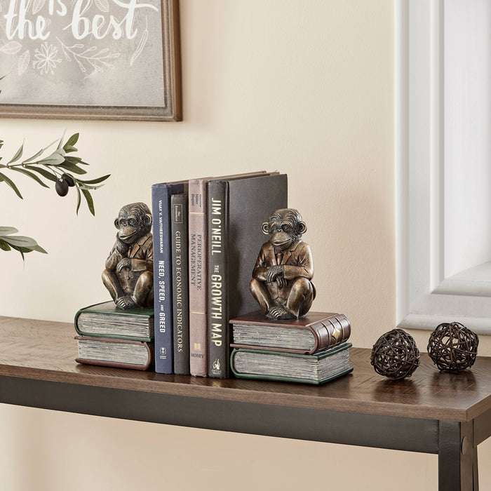 Monkeys on Books Polyresin Antique Finish Bookend Set of 2