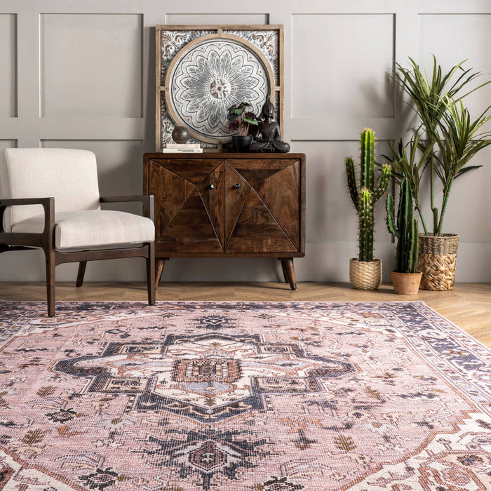 Sasha Machine Washable Medallion Area Rug: Pink / Rectangle / 5' x 8'