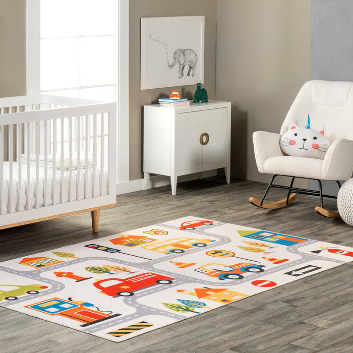 Carmina City Streets Machine Washable Kids Area Rug: White Multi / Rectangle / 3' x 5'