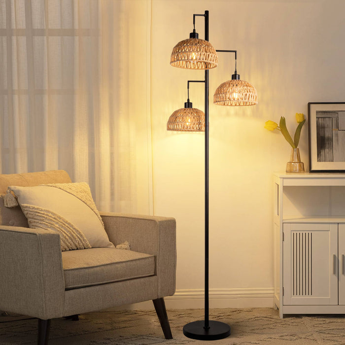 Bohemian Rattan Floor Lamp with 3 Lights: Bowl
