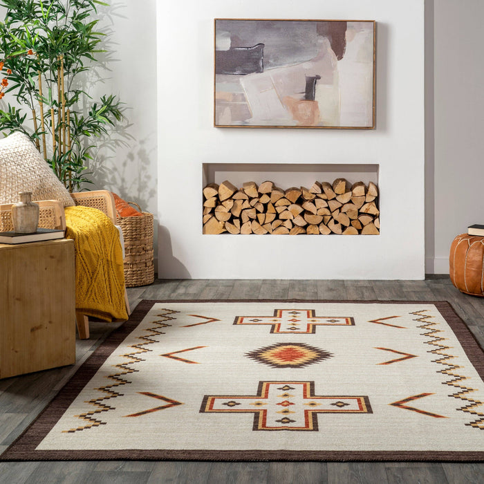 Colbie Tribal Machine Washable Area Rug: Ivory / Rectangle / 5' x 8'