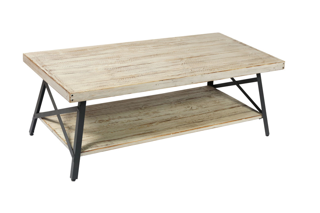 Chandler - Coffee Table With Solid Wood Top, Metal Base, And Open Storage Shelf - Whitewash And Steel Gray