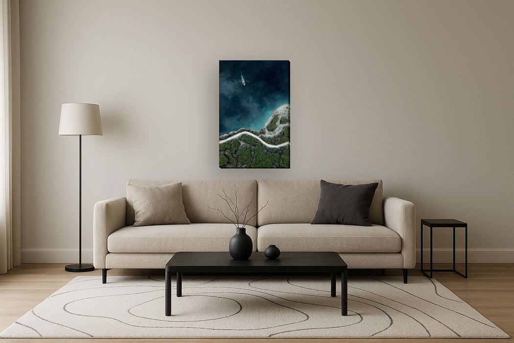 Coastal Passage I Hand-Painted Wrapped Canvas With Faux Moss - Blue / Green