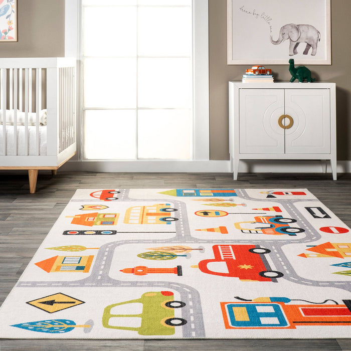 Carmina City Streets Machine Washable Kids Area Rug: White Multi / Rectangle / 3' x 5'