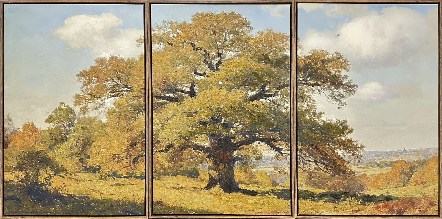 Beneath The Amber Boughs - 24 X 30 - Hand-Embellished Canvas Triptych In - Gold, Green, Pale Blue
