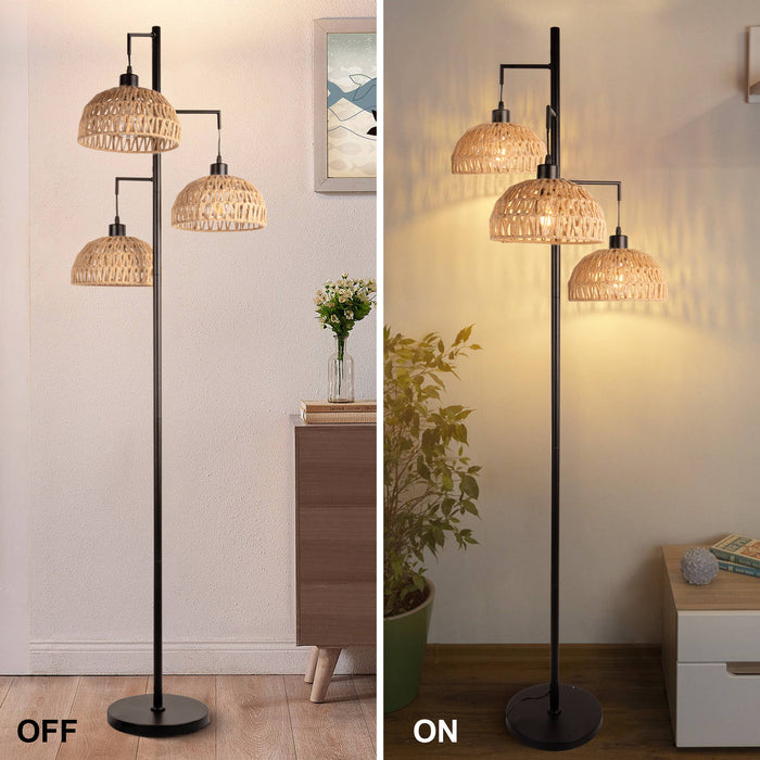 Bohemian Rattan Floor Lamp with 3 Lights: Bowl