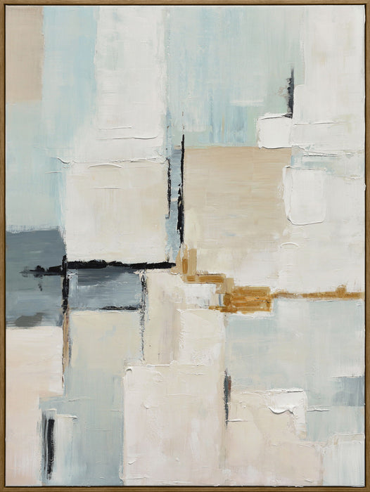 Quiet Intervals I - 35 X 47 - Hand-Painted Canvas In Frame - Ivory, Pale Blue, Beige, Gray, Black, Ochre