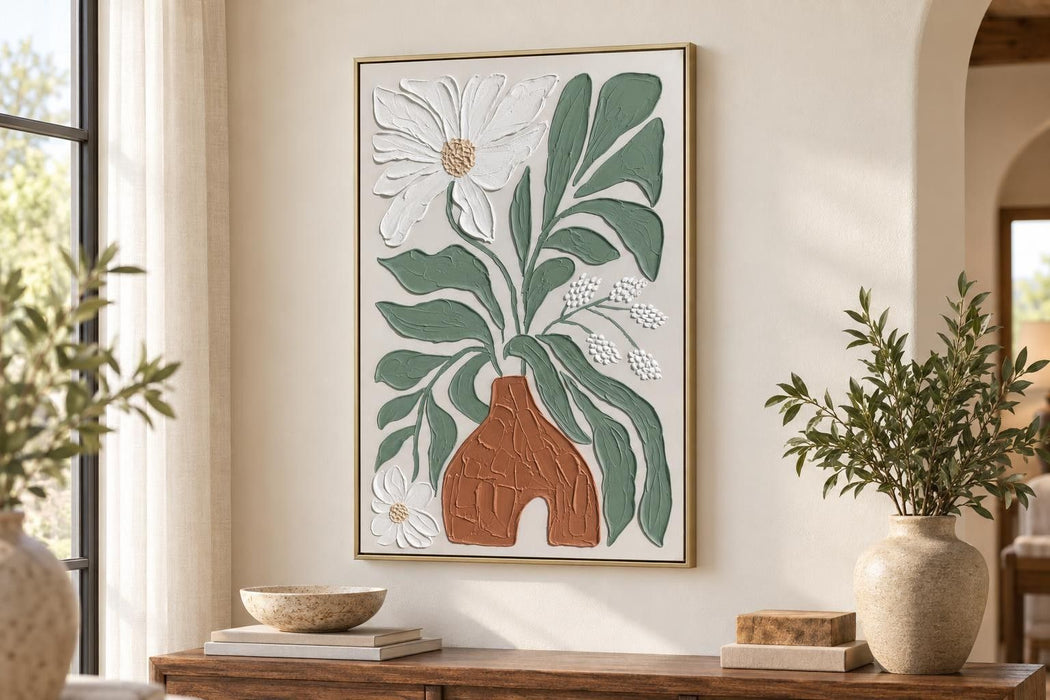 Clay Vessel Blooms I - 24 X 35 - Hand-Painted Canvas In Frame - Textured, White, Sage Green, Terracotta Brown, Beige, Champagne Frame