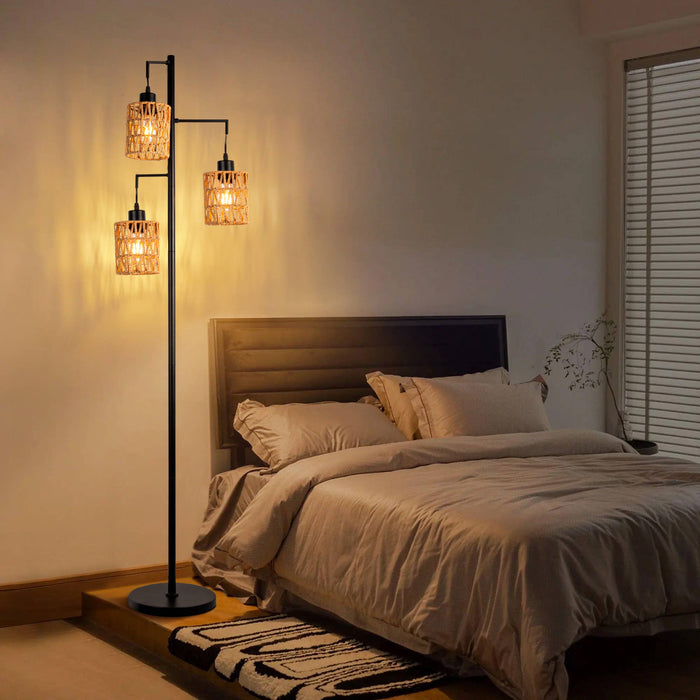 Bohemian Rattan Floor Lamp with 3 Lights: Bowl