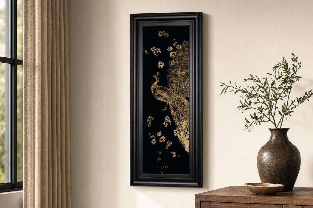18x42 Gilded Peacock Triptych I By Jennifer Goldberger - Black