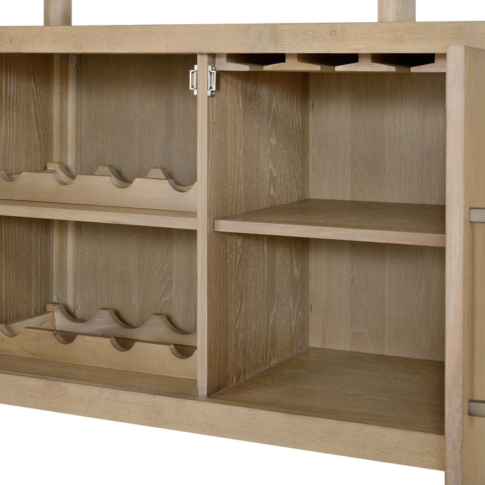 Pacific Grove - Dining Server With Beveled Glass Top, Stemware Rack, Bottle Storage, Open Shelf, And 3 Drawers - Sand Dune