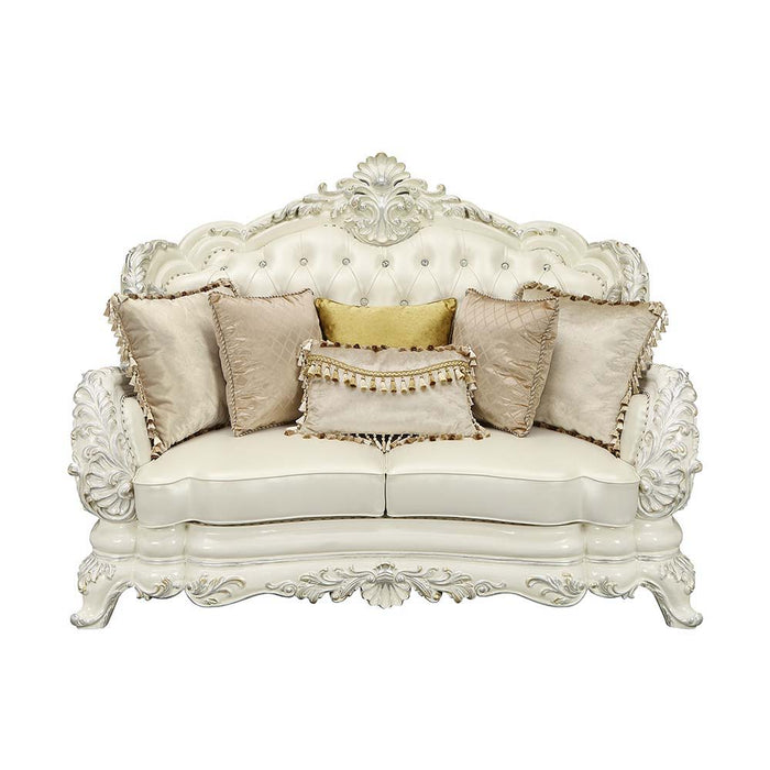 Adara - Loveseat With 5 Pillows - Pearl White Synthetic Leather & Antique White