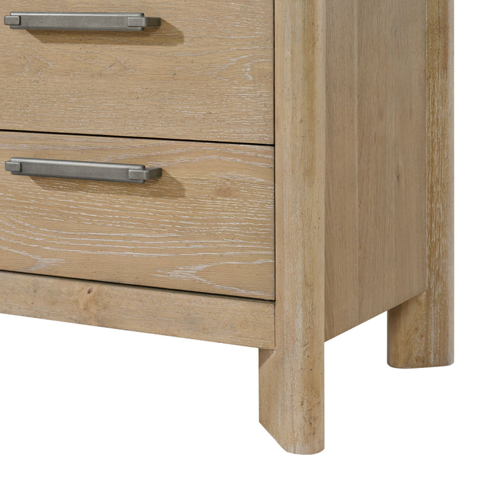 Pacific Grove - Dining Server With Beveled Glass Top, Stemware Rack, Bottle Storage, Open Shelf, And 3 Drawers - Sand Dune