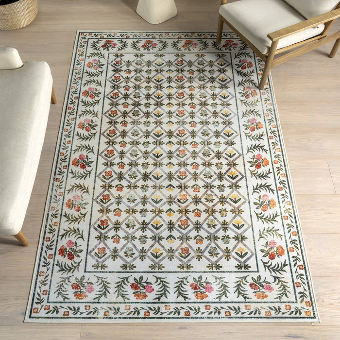 NuLOOM Erina Floral Washable Area Rug: Ivory / Rectangle / 5' x 8'