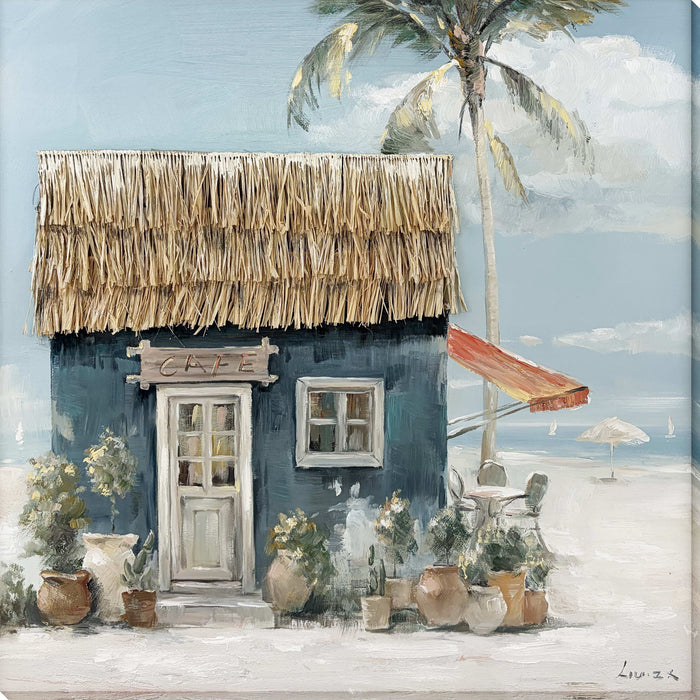 Salt Air Café - 40 X 40 - Hand-Embellished Wrapped Canvas With Raffia Grass - Blue