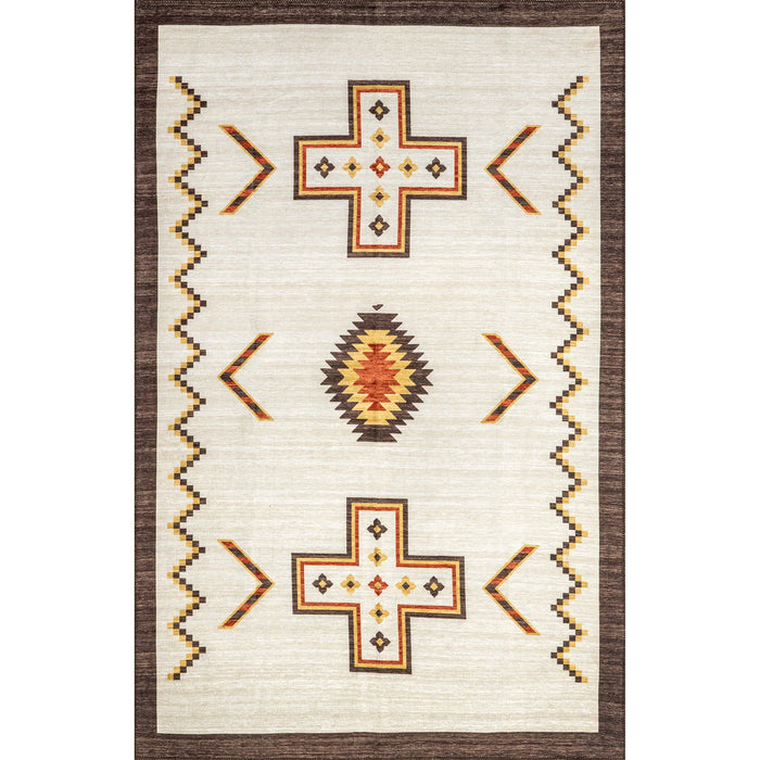 Colbie Tribal Machine Washable Area Rug: Ivory / Rectangle / 5' x 8'