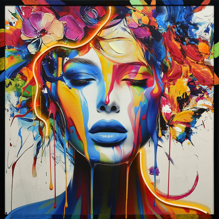 "Vibrant Reverie" Hand-Embellished LED In Frame - Multicolor / Neon