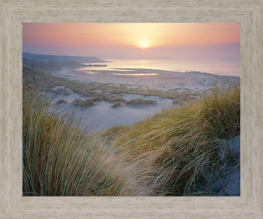 Misty Shoreline Glow - 28" x 34" Framed Wall Art - Light Blue