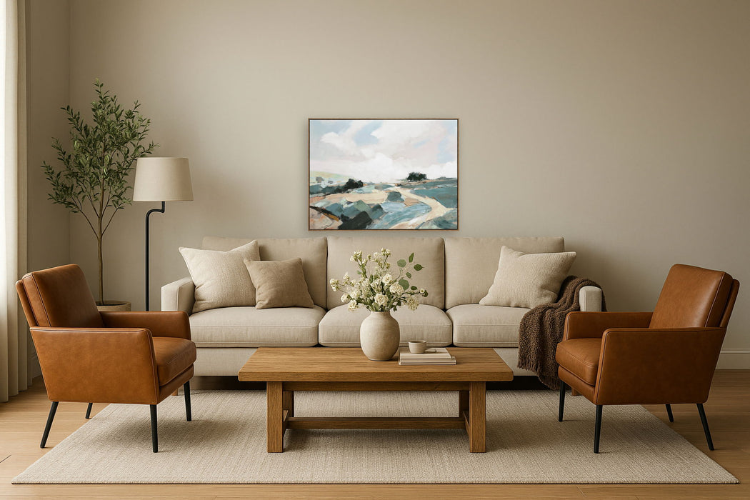 "Tranquil Pathway" Hand-Embellished Canvas In Frame - Beige / Blue / Green