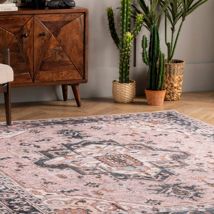 Sasha Machine Washable Medallion Area Rug: Pink / Rectangle / 5' x 8'