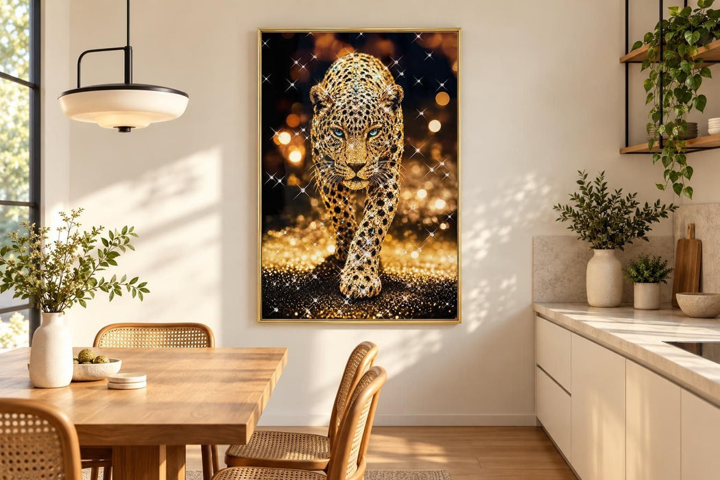 Gilded Leopard Stride - 32 X 47 - Gloss With Foil & Rocks In Frame - Gold, Black