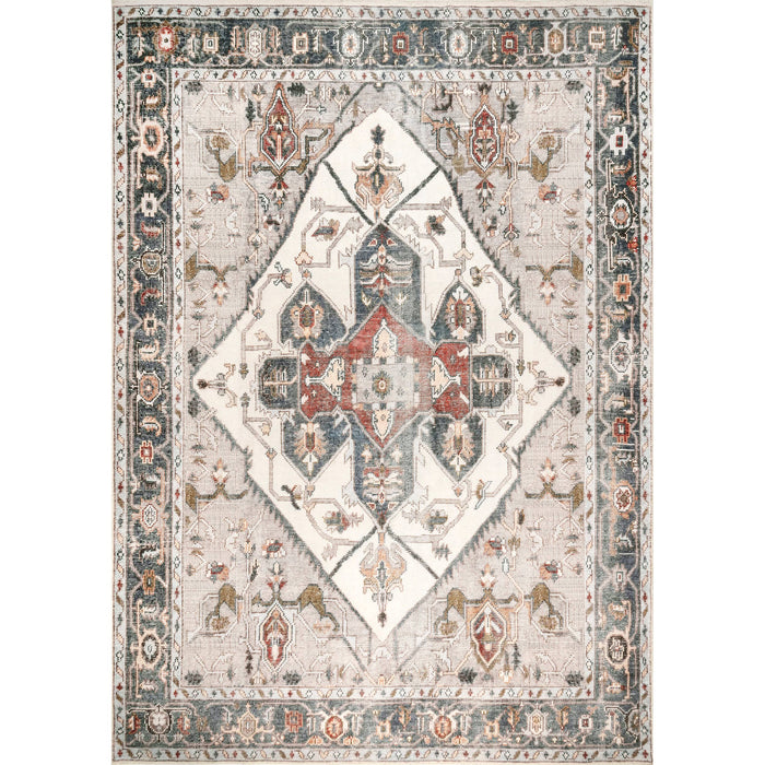Mali Machine Washable Traditional Medallion Area Rug: Ivory / Rectangle / 6' x 9'