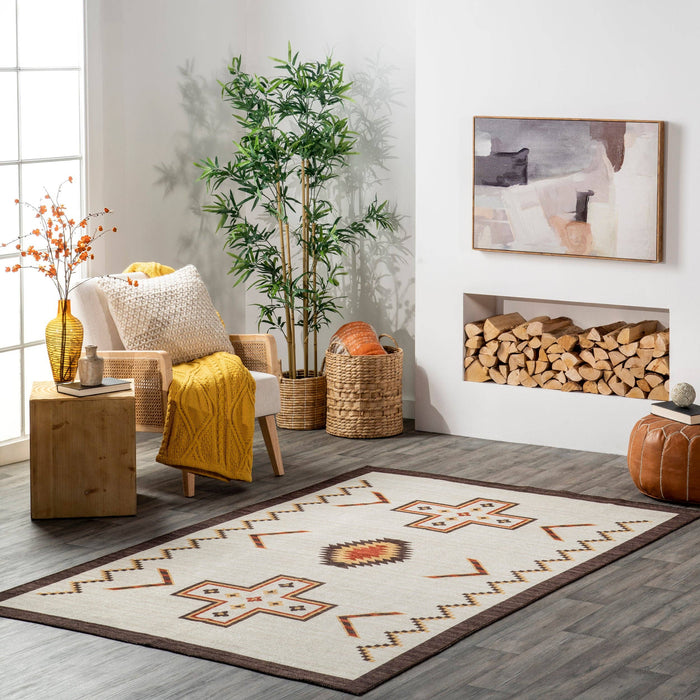 Colbie Tribal Machine Washable Area Rug: Ivory / Rectangle / 5' x 8'