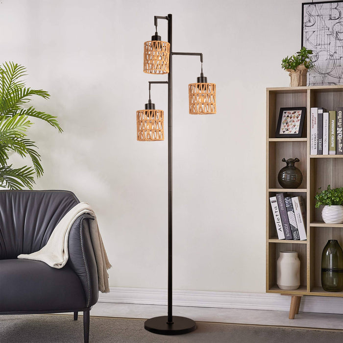 Bohemian Rattan Floor Lamp with 3 Lights: Bowl