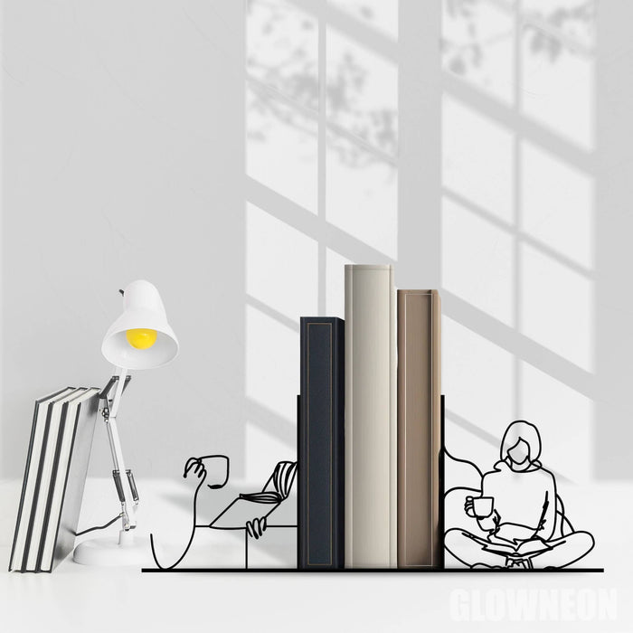 Girl Read Book Coffee Book Holder Decor, Bookend Metal Sign: 5 Inches / Right & Left Side