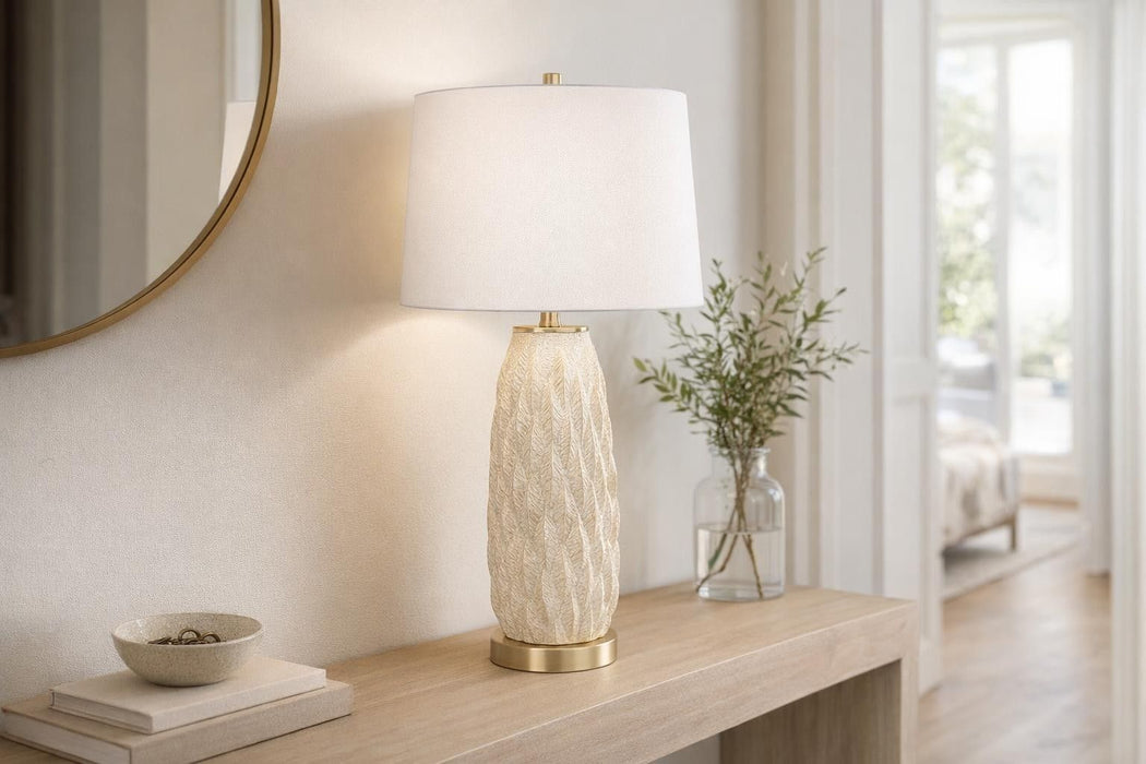 Textured Leaves Carved Ceramic & Metal Table Lamp (Set of 2) - Beige / Soft Gold